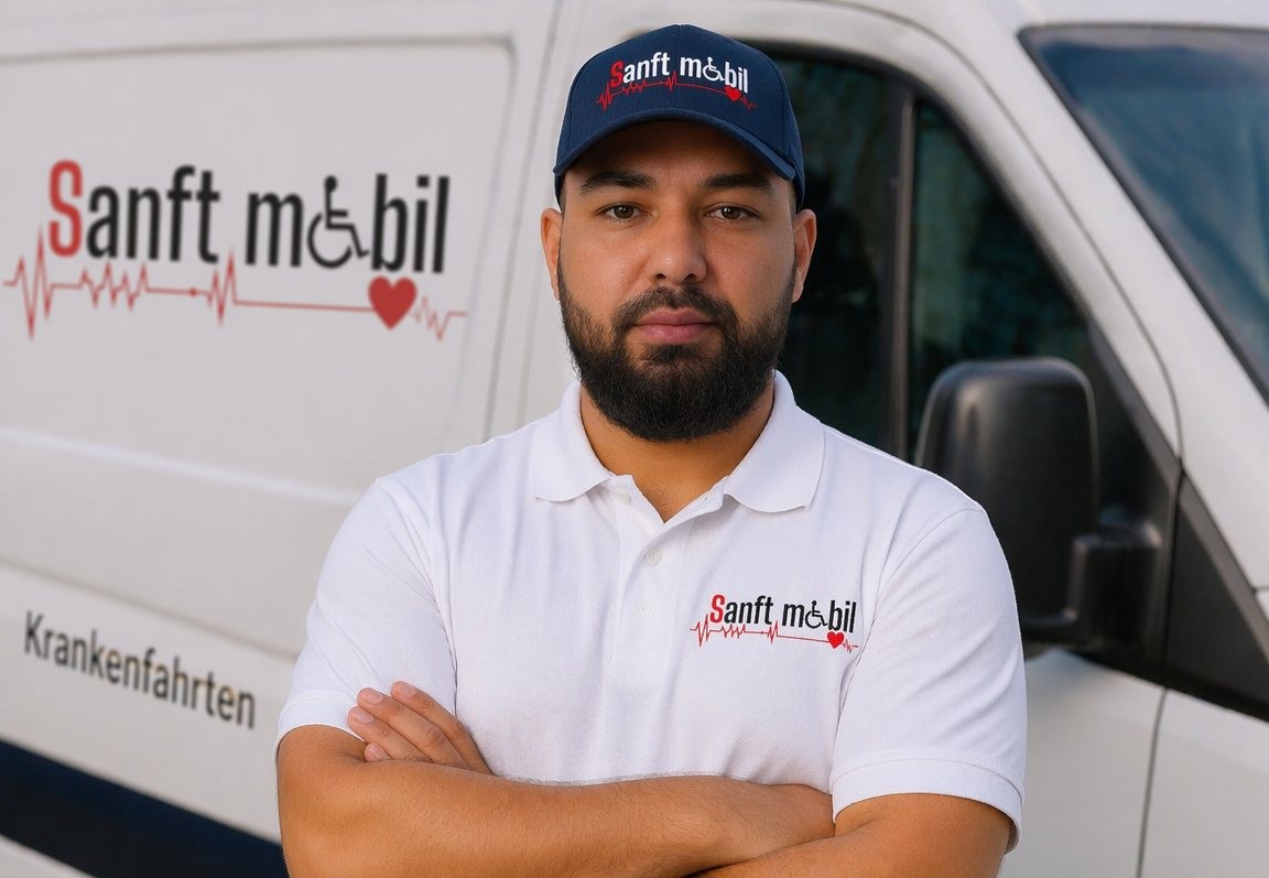 Sanftmobil-Fahrer vor dem Krankenfahrten-Fahrzeug