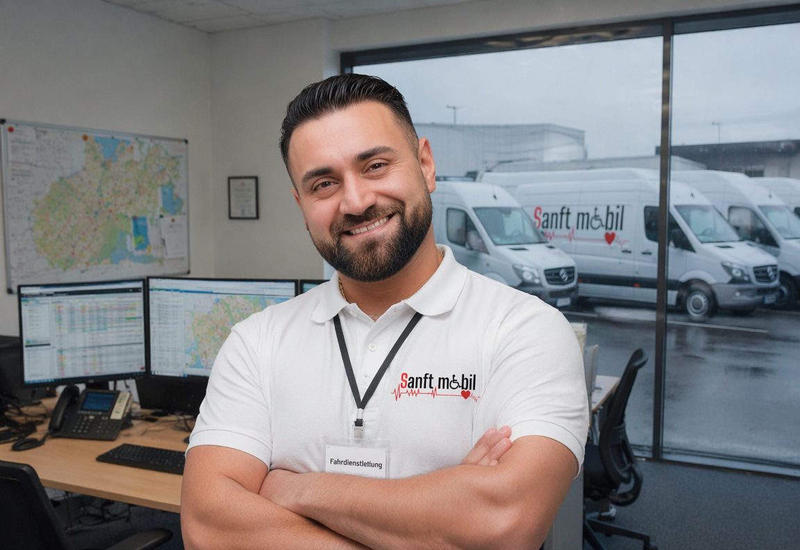 Sanftmobil-Fahrdienstleitung in der Berliner Zentrale, im Hintergrund die rollstuhlgerechte Sprinter-Flotte